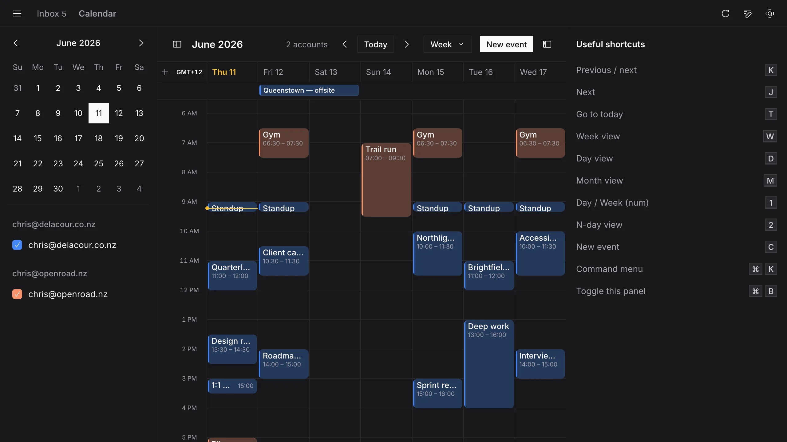Outpost week view showing merged events from two Google Calendar accounts
