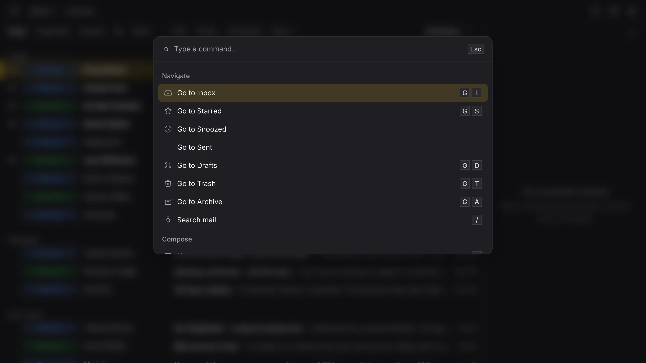 Outpost command palette listing navigation and compose commands with their shortcuts